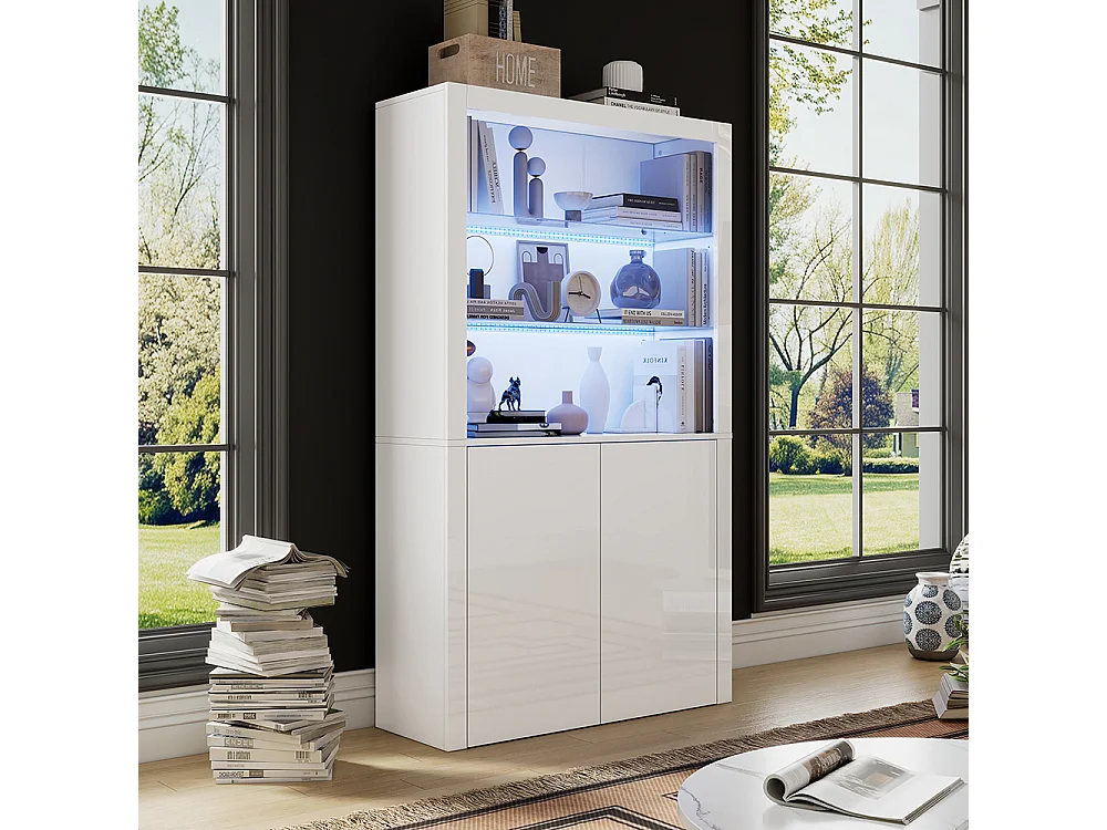 Vitrine buffet appoint armoire rangement brillante éclairage LED verre trempé verticale salon blanc