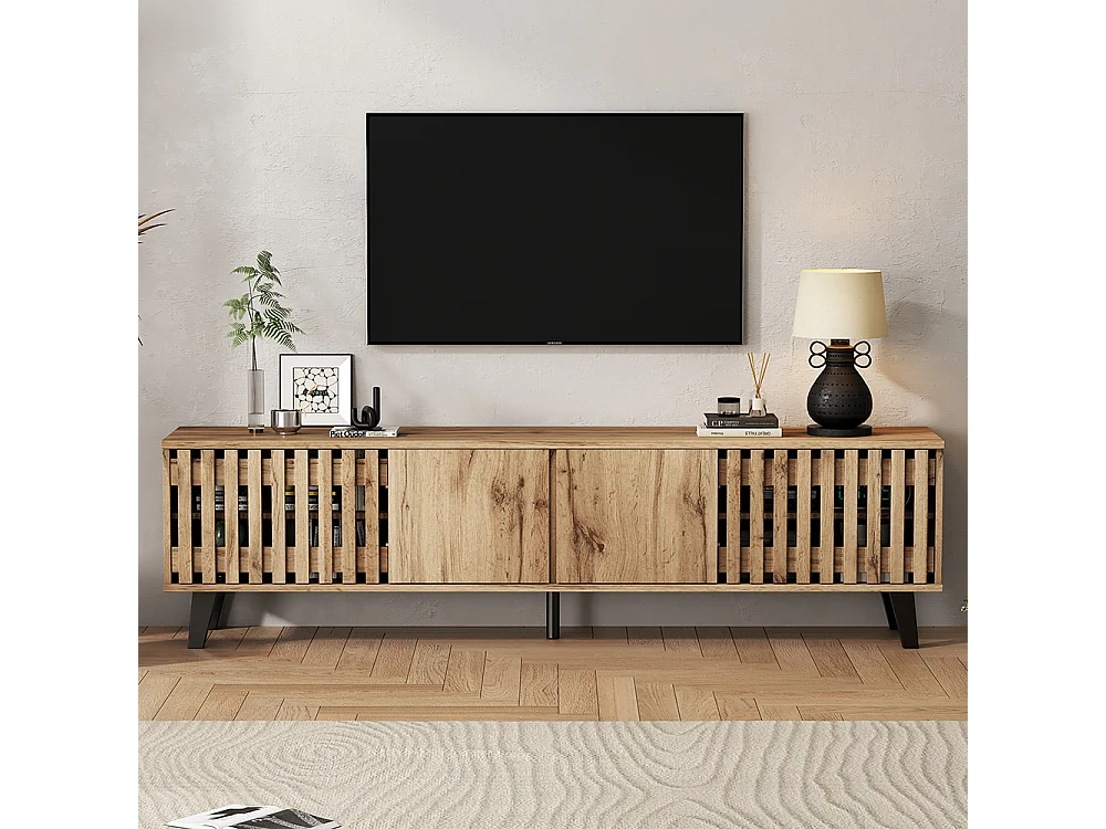 Meuble TV bas bois naturel 8 compartiments support TV multimédia téléviseurs 70 pouces salon naturel