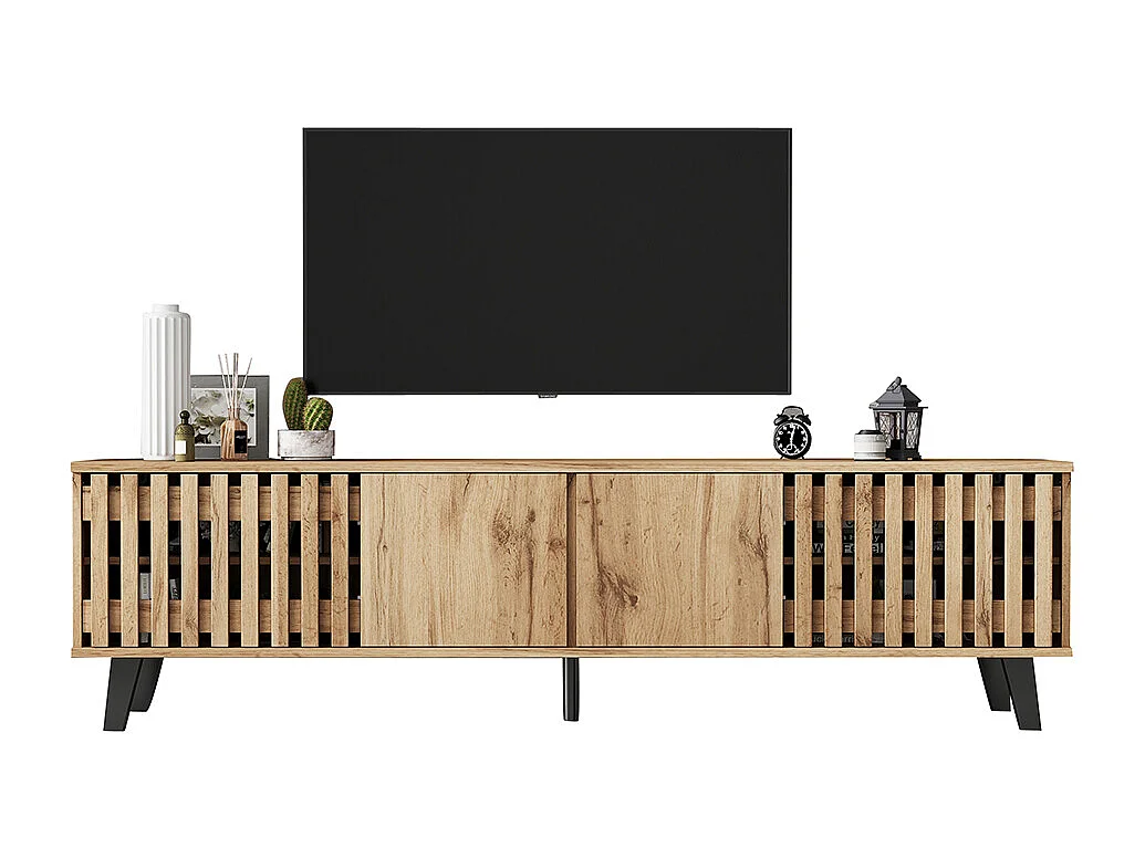 Meuble TV bas bois naturel 8 compartiments support TV multimédia téléviseurs 70 pouces salon naturel