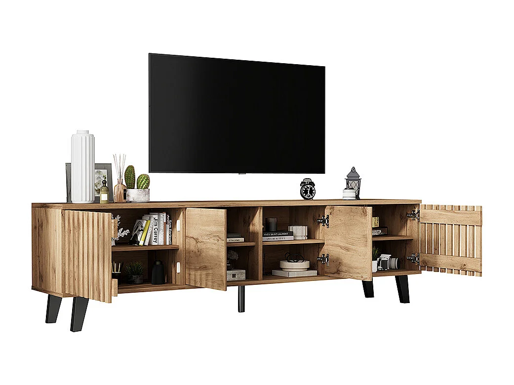 Meuble TV bas bois naturel 8 compartiments support TV multimédia téléviseurs 70 pouces salon naturel