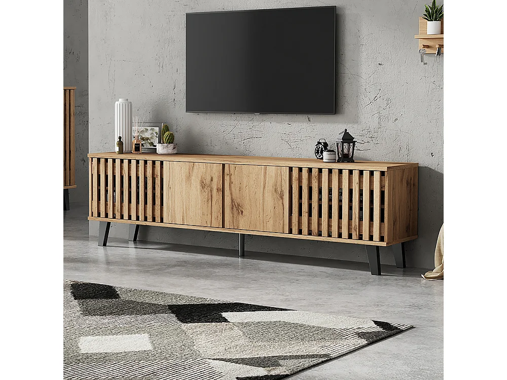 Meuble TV bas bois naturel 8 compartiments support TV multimédia téléviseurs 70 pouces salon naturel