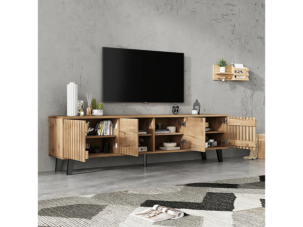 Meuble TV bas bois naturel 8 compartiments support TV multimédia téléviseurs 70 pouces salon naturel