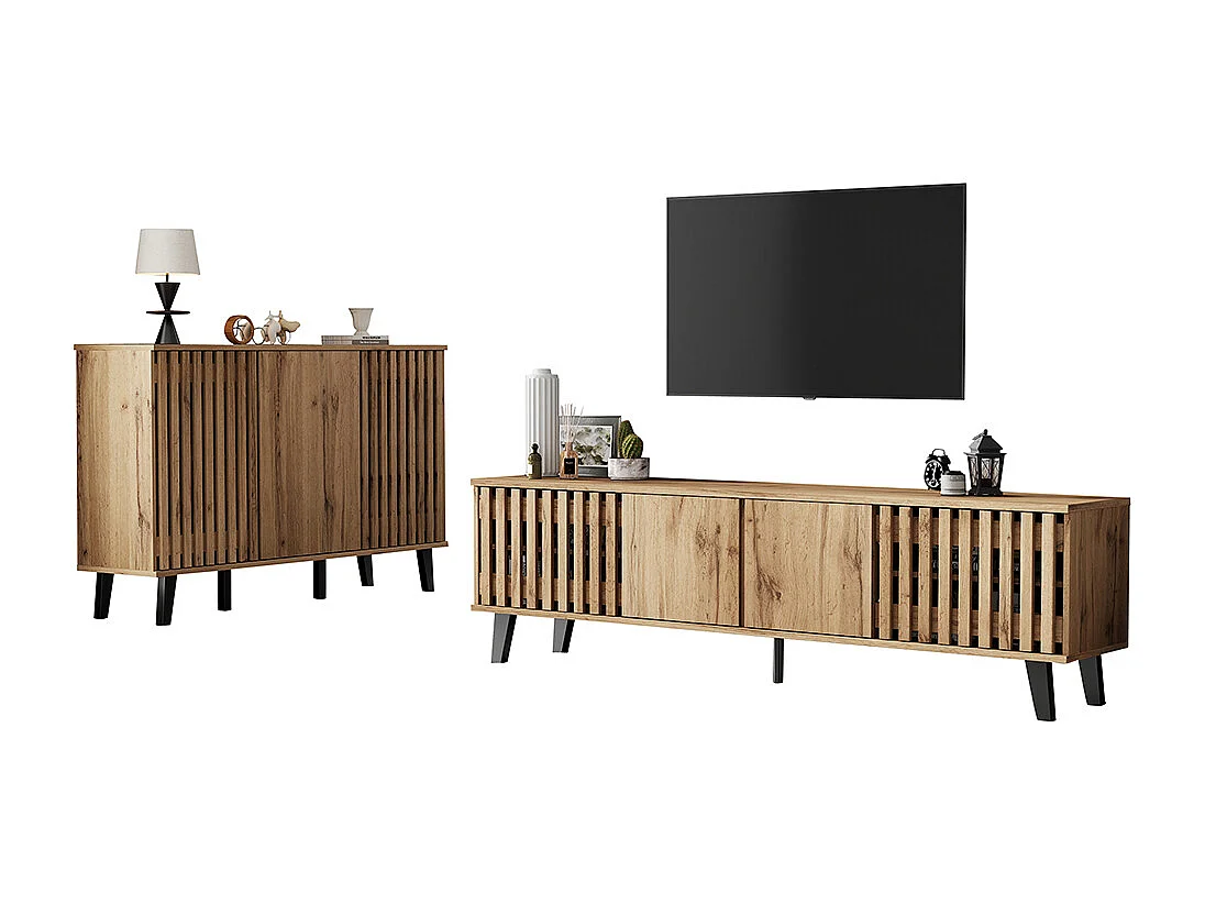 Meuble TV 180x40x55 cm buffet 150x40x95 cm bois naturel 8 compartiments 6 casiers portes intégrées stable salon chambre naturel