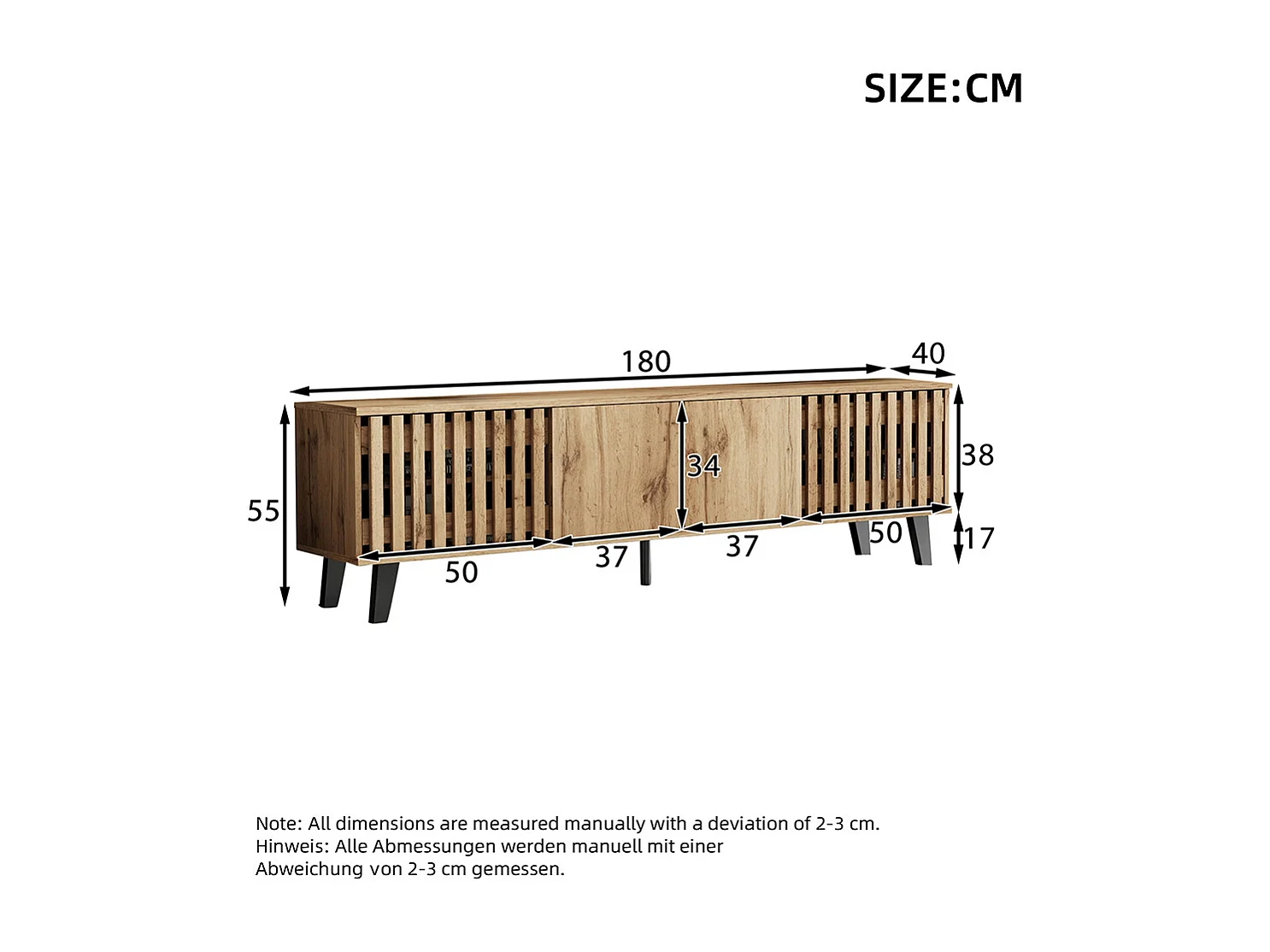 Meuble TV 180x40x55 cm buffet 150x40x95 cm bois naturel 8 compartiments 6 casiers portes intégrées stable salon chambre naturel