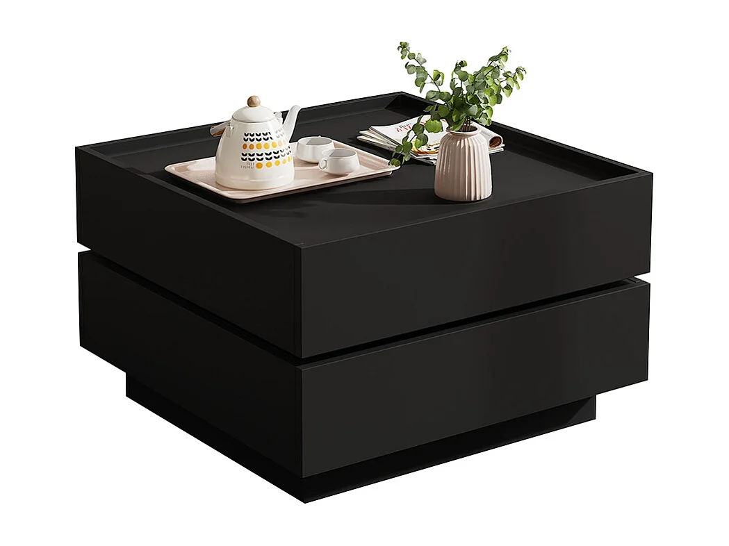 Table basse fonctionnelle pivotante 360 degrés plateau 2 tablettes rangement piètement noir salon