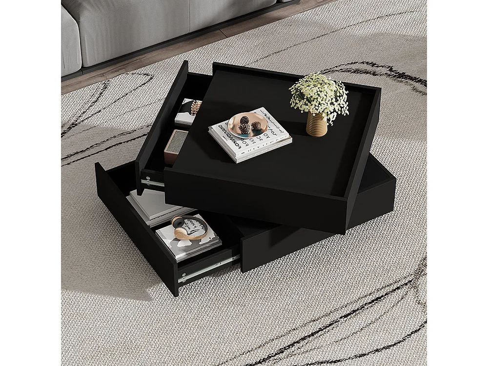 Table basse fonctionnelle pivotante 360 degrés plateau 2 tablettes rangement piètement noir salon