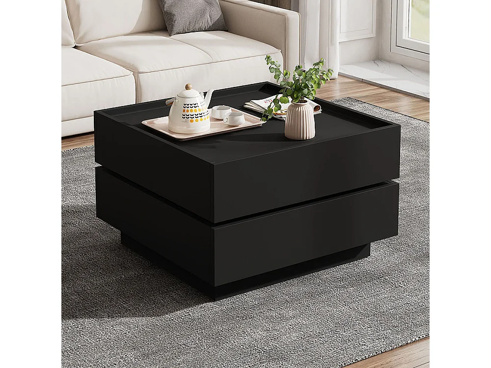 Table basse fonctionnelle pivotante 360 degrés plateau 2 tablettes rangement piètement noir salon