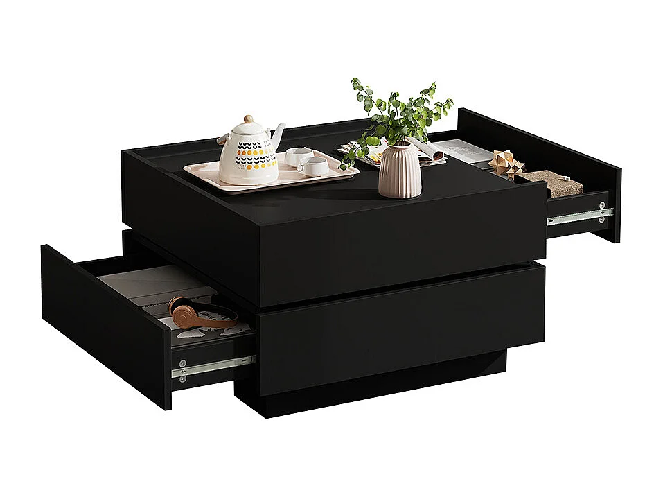 Table basse fonctionnelle pivotante 360 degrés plateau 2 tablettes rangement piètement noir salon