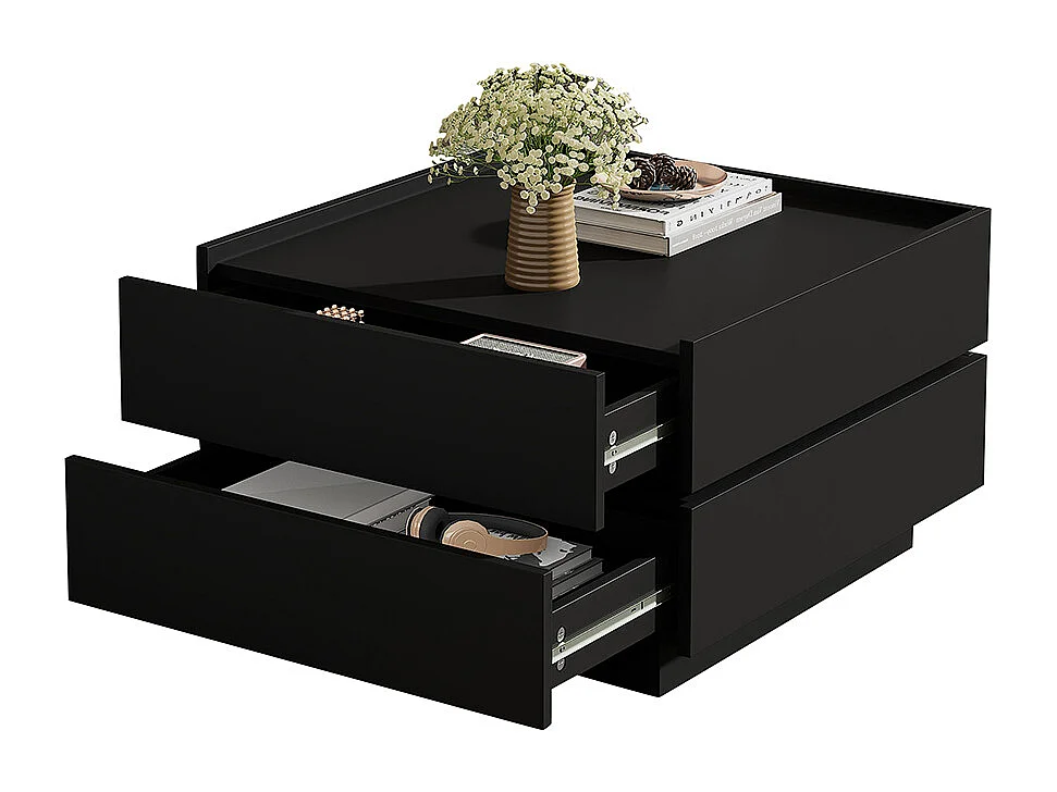 Table basse fonctionnelle pivotante 360 degrés plateau 2 tablettes rangement piètement noir salon