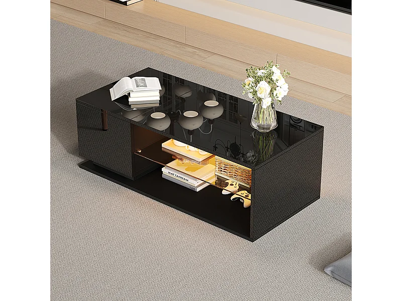 Table basse LED brillante salon éclairage bande lumineuse rangement noir