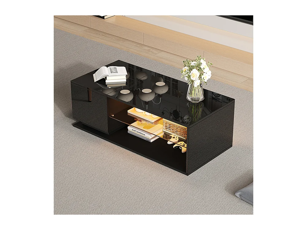 Table basse LED brillante salon éclairage bande lumineuse rangement noir