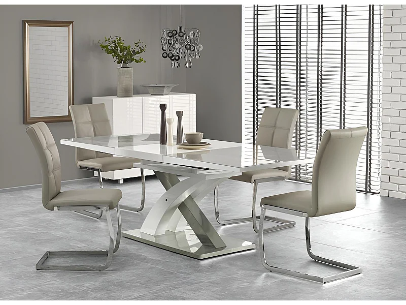 Table à manger Sandor (90x160-220)/Extensible/MDF&Métal/Blanc&Gris