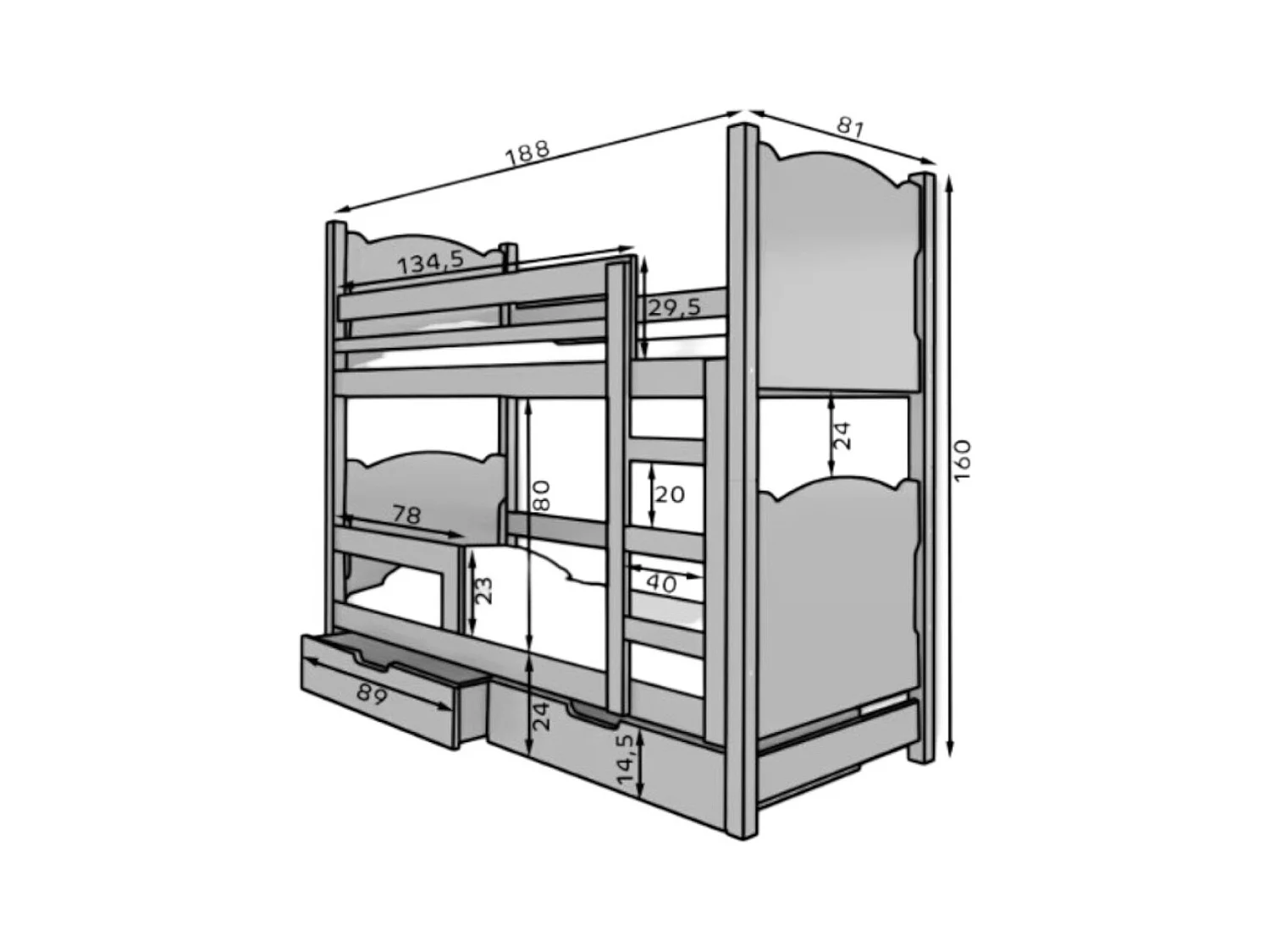 Bett Mariza (80x180)/Matratze inklusive/Grau&Weiss