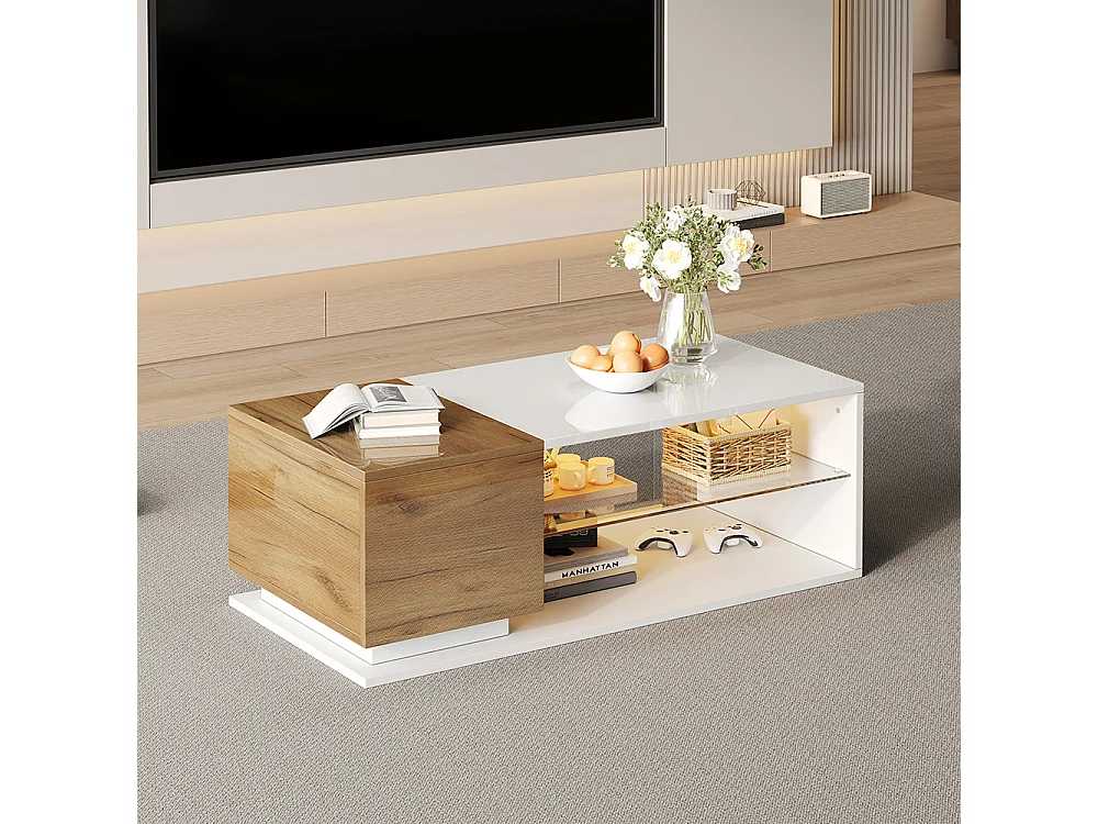 Table basse LED brillante salon éclairage bande lumineuse rangement blanc