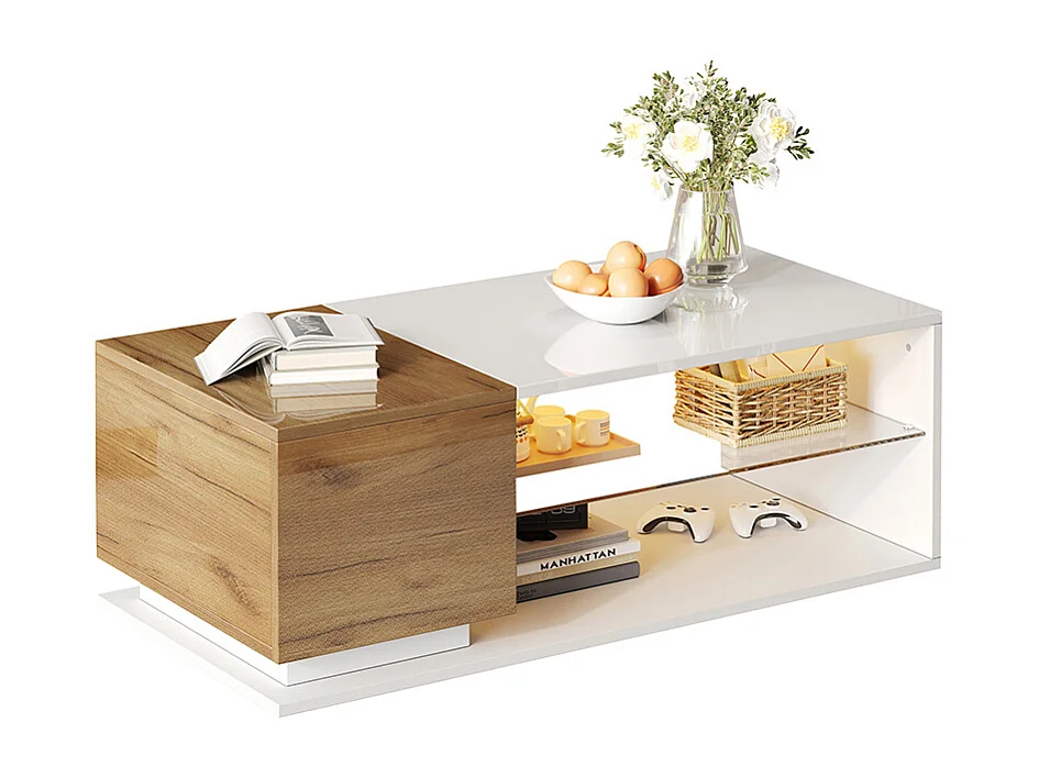 Table basse LED brillante salon éclairage bande lumineuse rangement blanc