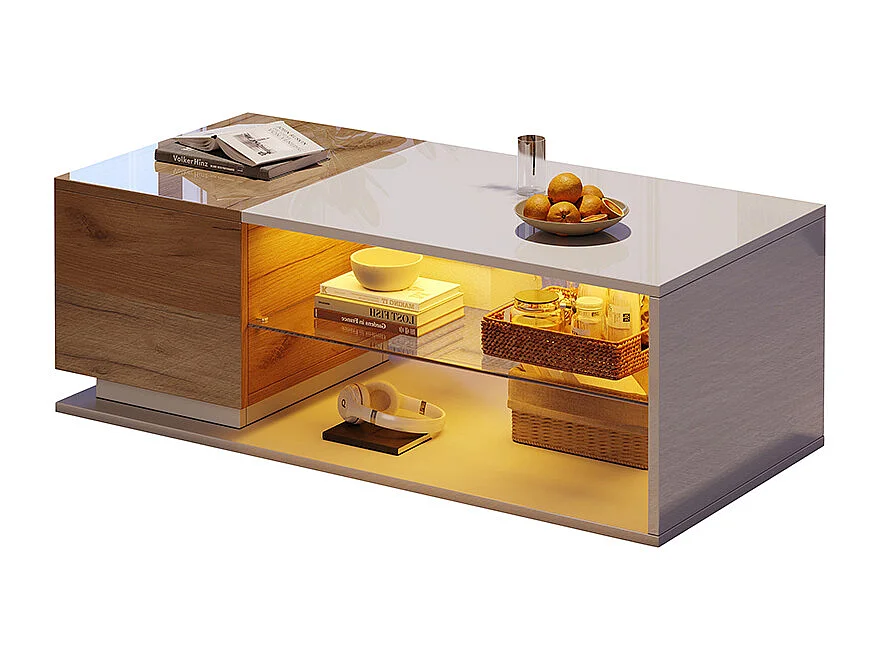 Table basse LED brillante salon éclairage bande lumineuse rangement blanc