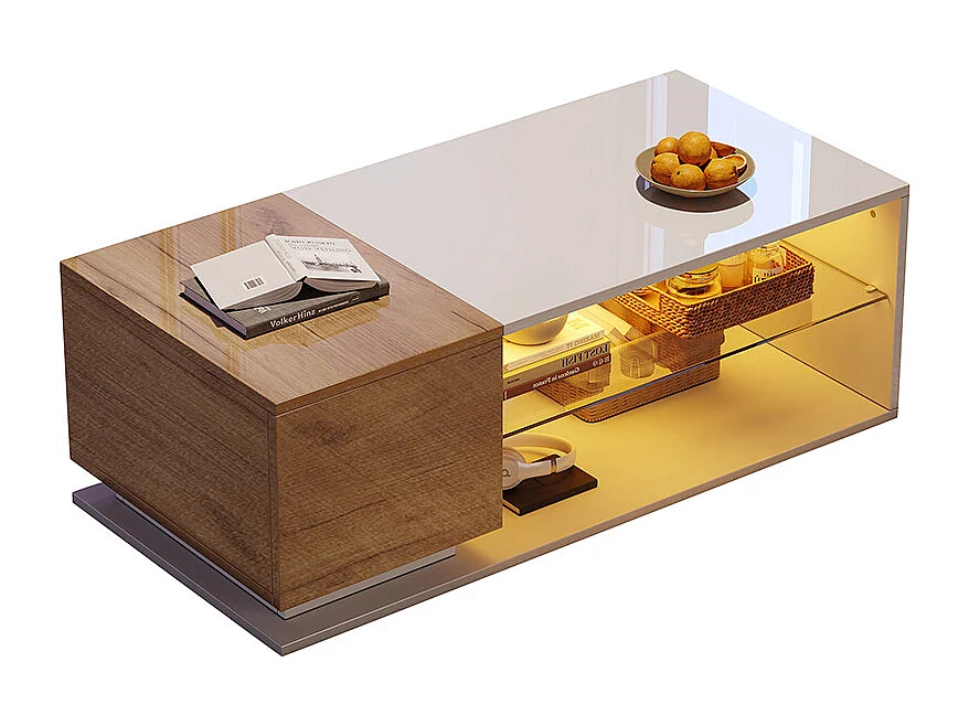 Table basse LED brillante salon éclairage bande lumineuse rangement blanc