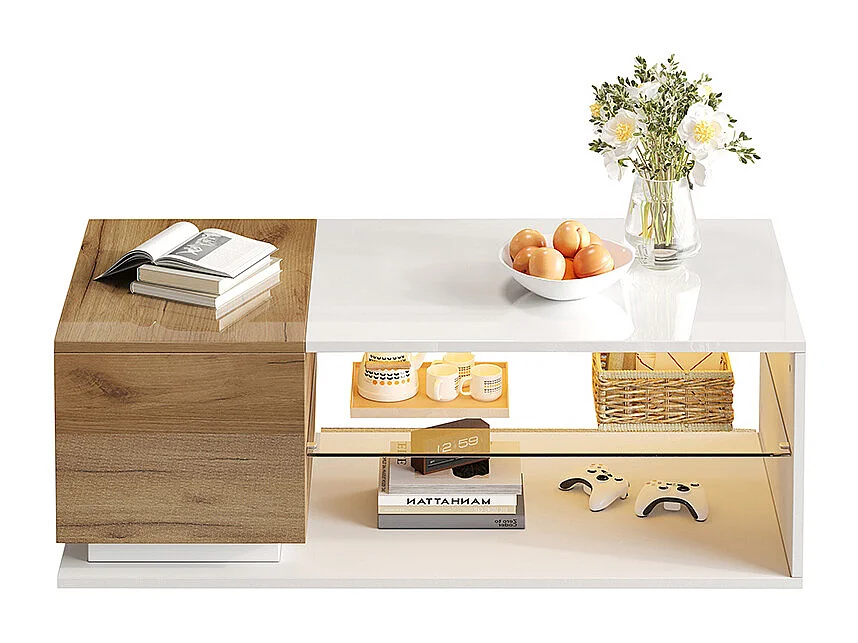 Table basse LED brillante salon éclairage bande lumineuse rangement blanc