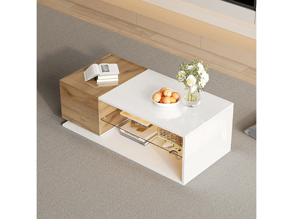 Table basse LED brillante salon éclairage bande lumineuse rangement blanc