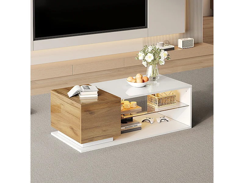 Table basse LED brillante salon éclairage bande lumineuse rangement blanc