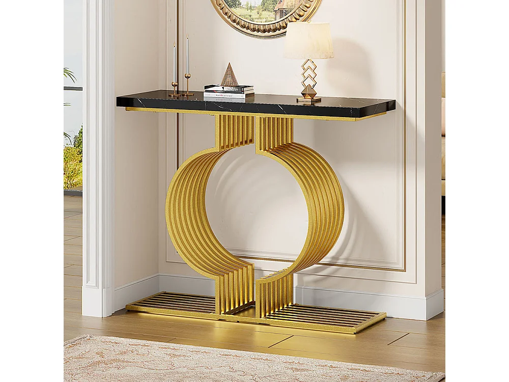 Table console moderne simple pied doré deux possibilités installation console salon noir+or