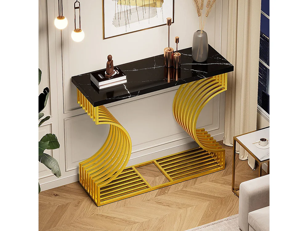 Table console moderne simple pied doré deux possibilités installation console salon noir+or