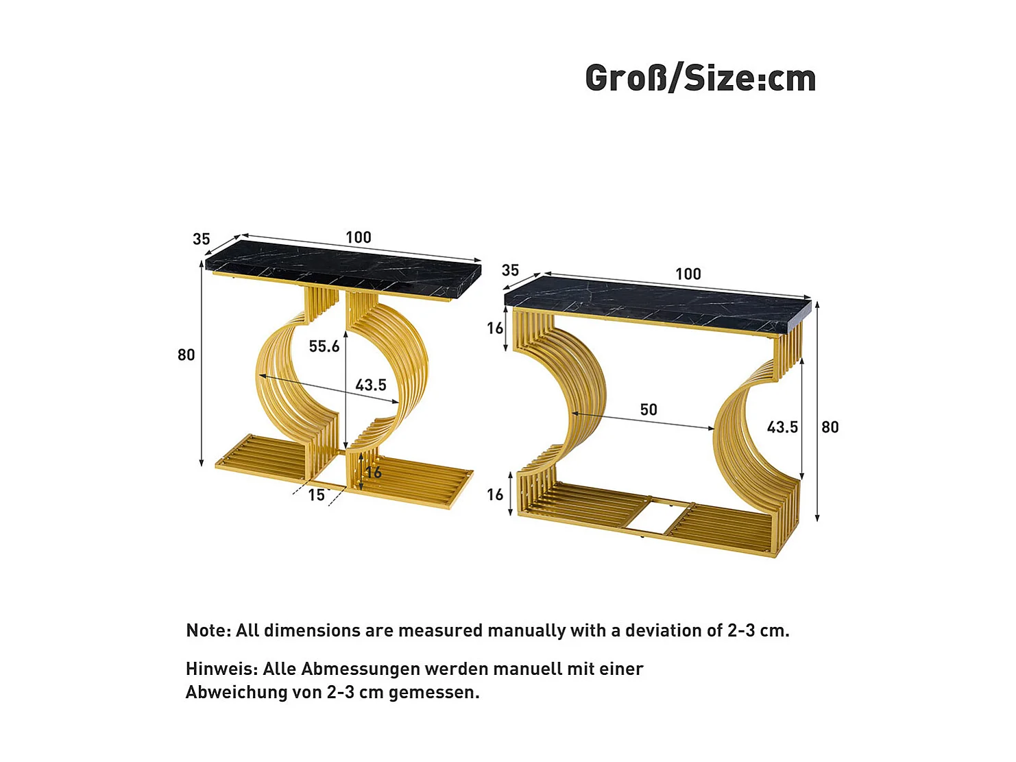 Table console moderne simple pied doré deux possibilités installation console salon noir+or