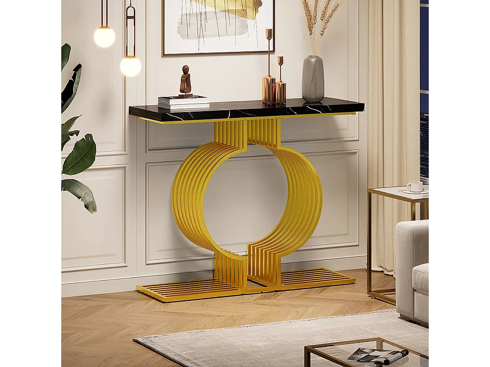 Table console moderne simple pied doré deux possibilités installation console salon noir+or