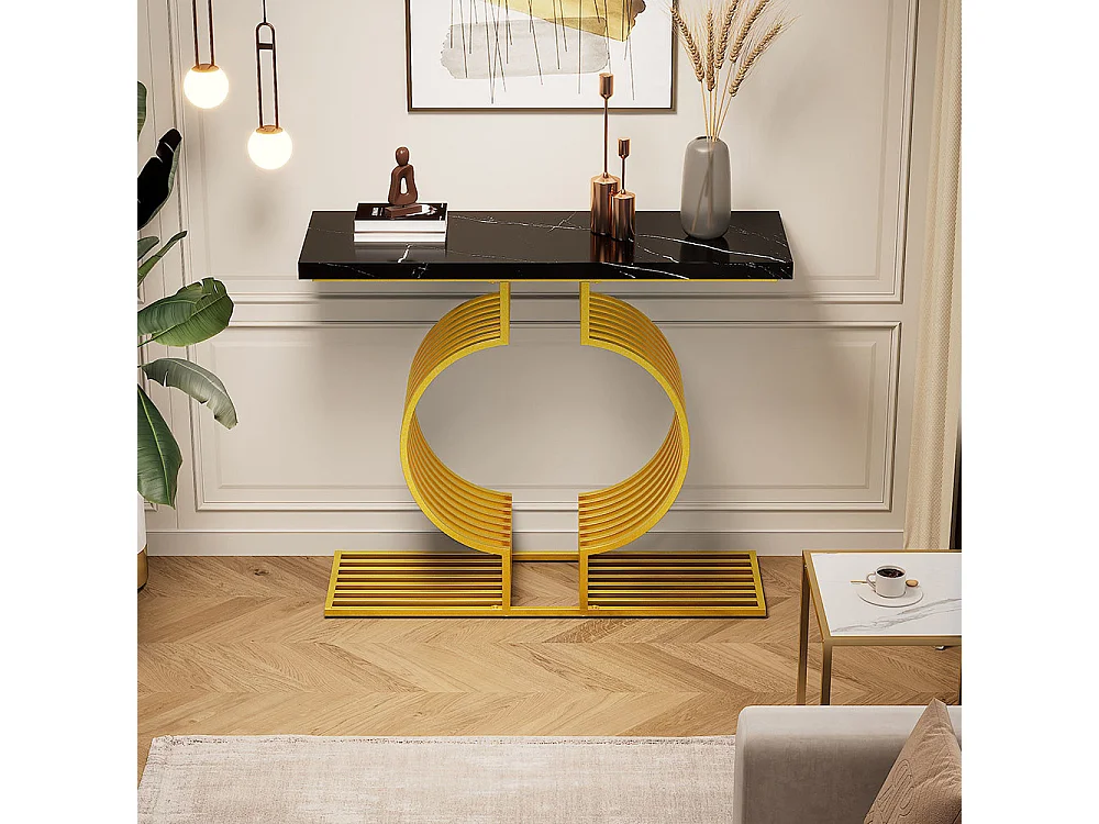 Table console moderne simple pied doré deux possibilités installation console salon noir+or