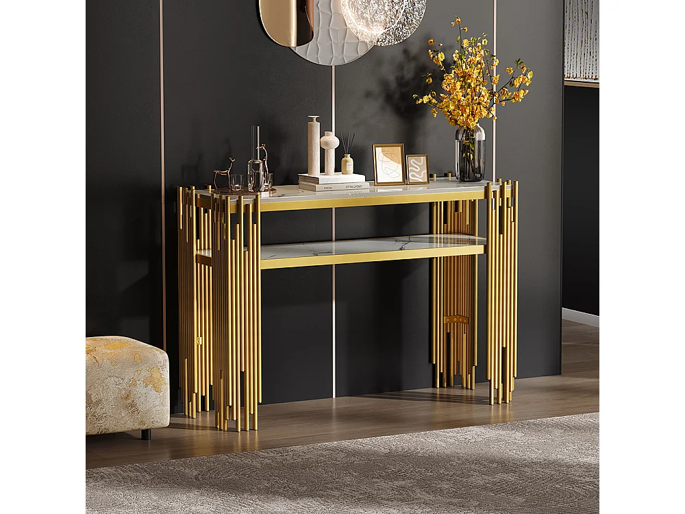 Table console salon moderne milieu siècle corps blanc pieds dorés MDF double couche charge max 40 kg