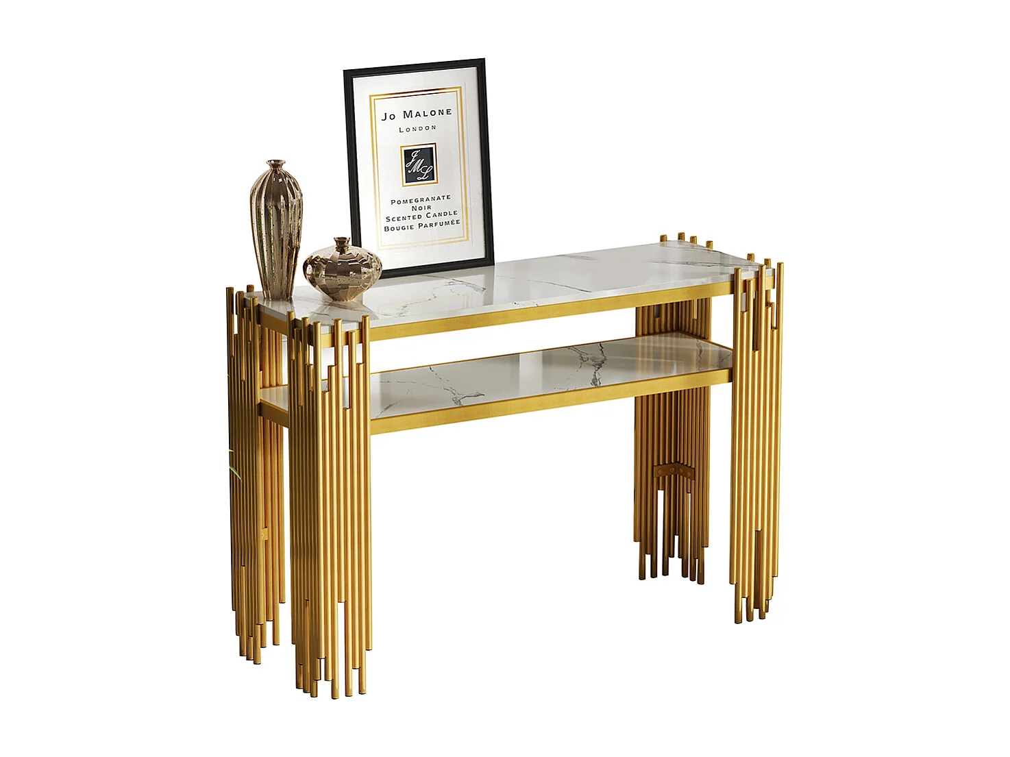 Table console salon moderne milieu siècle corps blanc pieds dorés MDF double couche charge max 40 kg