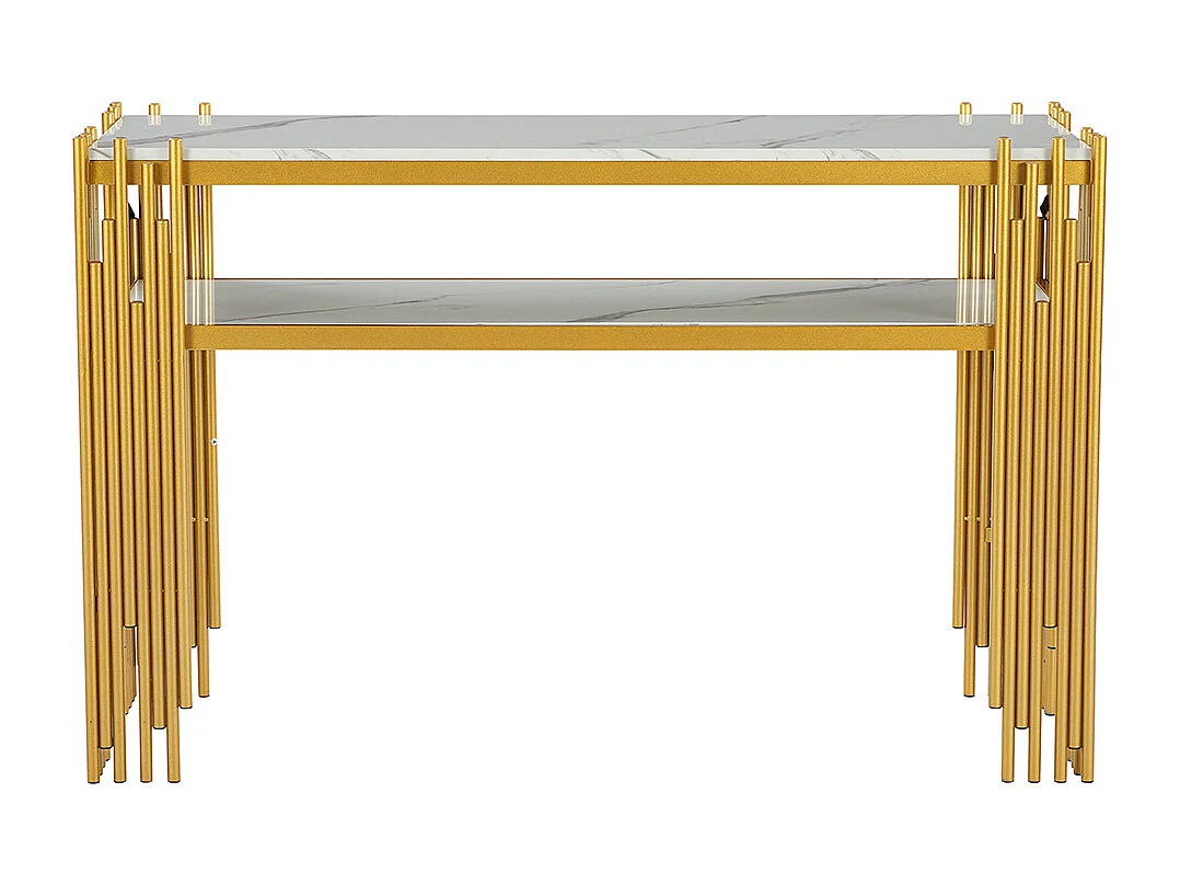 Table console salon moderne milieu siècle corps blanc pieds dorés MDF double couche charge max 40 kg