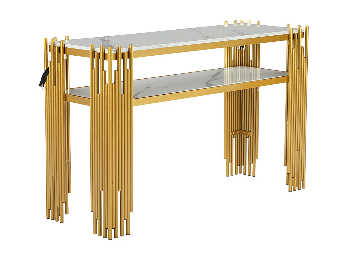 Table console salon moderne milieu siècle corps blanc pieds dorés MDF double couche charge max 40 kg