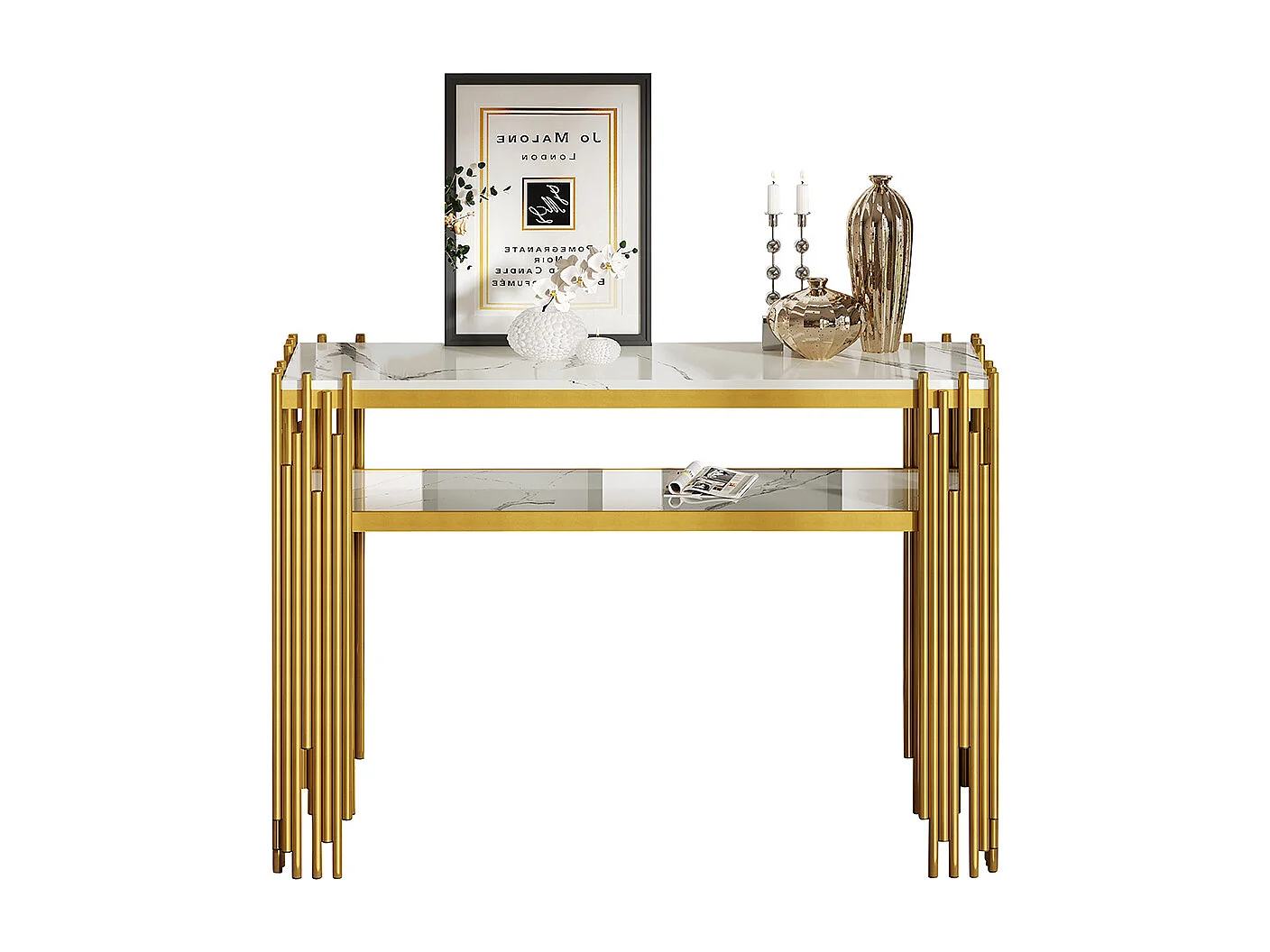 Table console salon moderne milieu siècle corps blanc pieds dorés MDF double couche charge max 40 kg