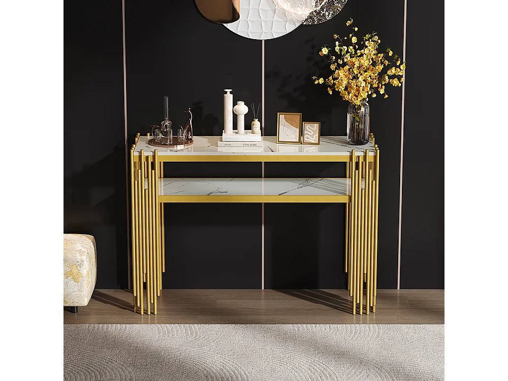 Table console salon moderne milieu siècle corps blanc pieds dorés MDF double couche charge max 40 kg