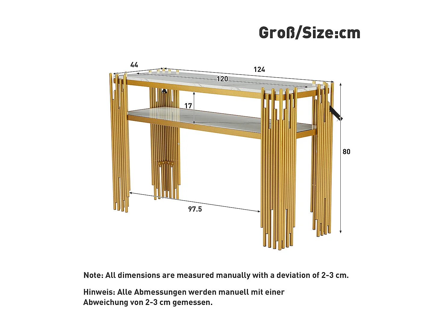 Table console salon moderne milieu siècle corps blanc pieds dorés MDF double couche charge max 40 kg
