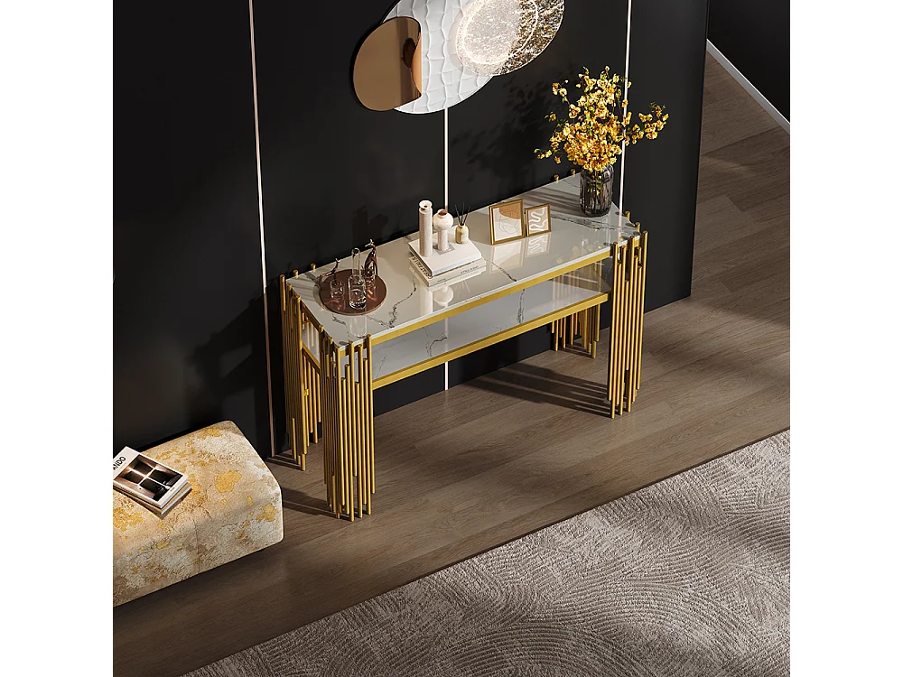 Table console salon moderne milieu siècle corps blanc pieds dorés MDF double couche charge max 40 kg