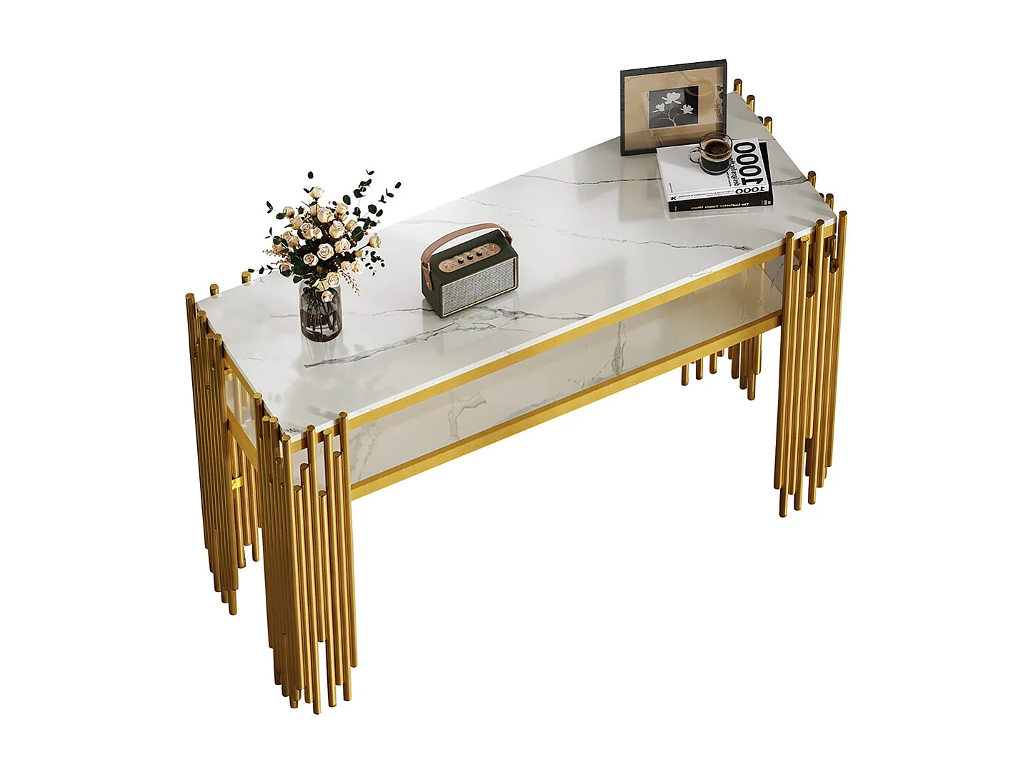 Table console salon moderne milieu siècle corps blanc pieds dorés MDF double couche charge max 40 kg