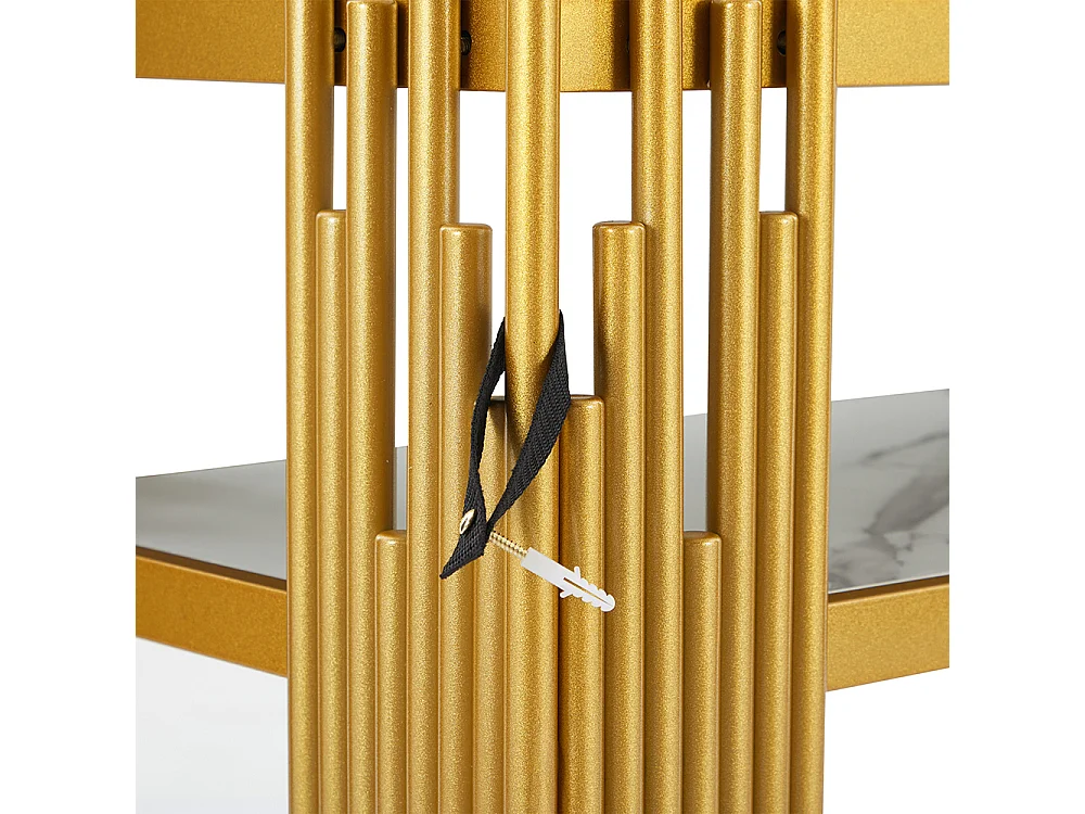 Table console salon moderne milieu siècle corps blanc pieds dorés MDF double couche charge max 40 kg