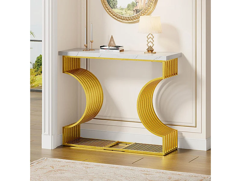 Table console moderne simple pied doré deux possibilités installation console salon blanc+or