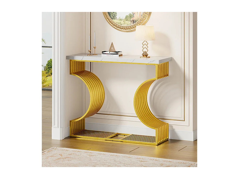 Table console moderne simple pied doré deux possibilités installation console salon blanc+or