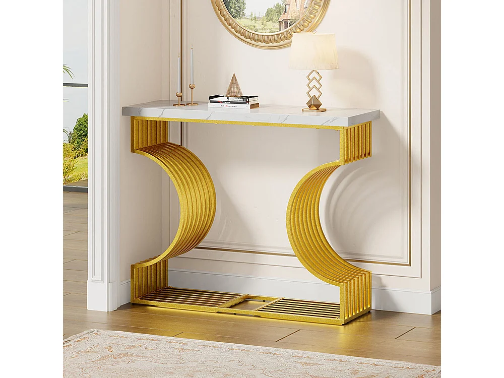 Table console moderne simple pied doré deux possibilités installation console salon blanc+or