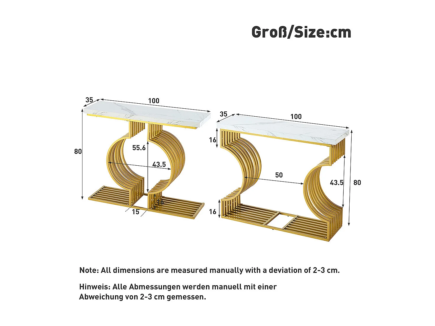 Table console moderne simple pied doré deux possibilités installation console salon blanc+or