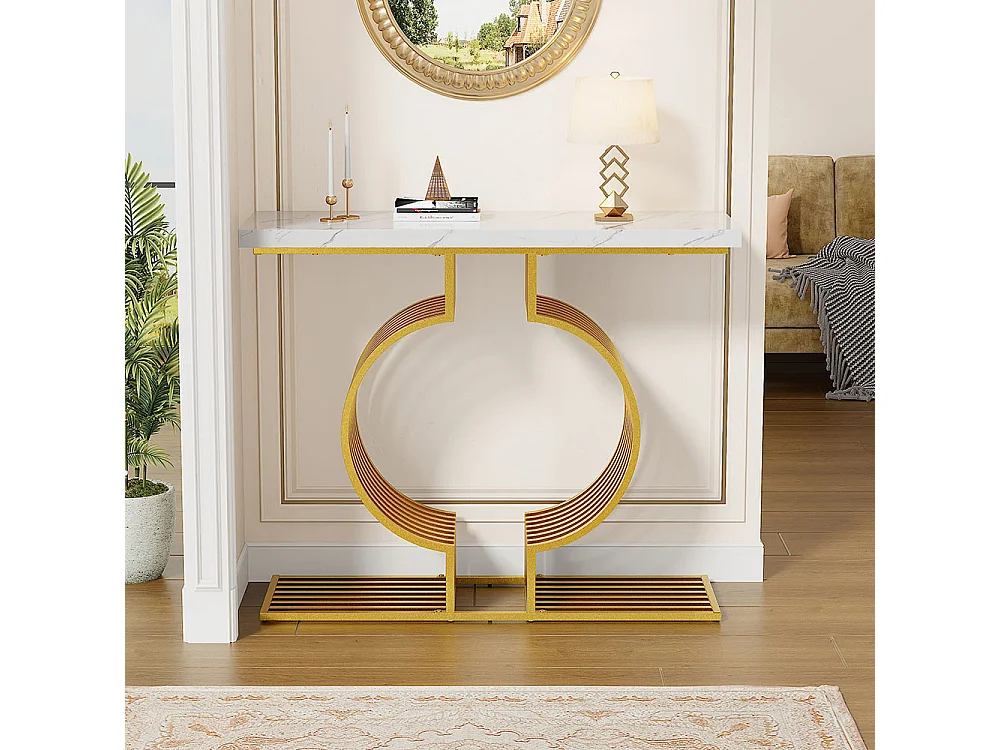 Table console moderne simple pied doré deux possibilités installation console salon blanc+or