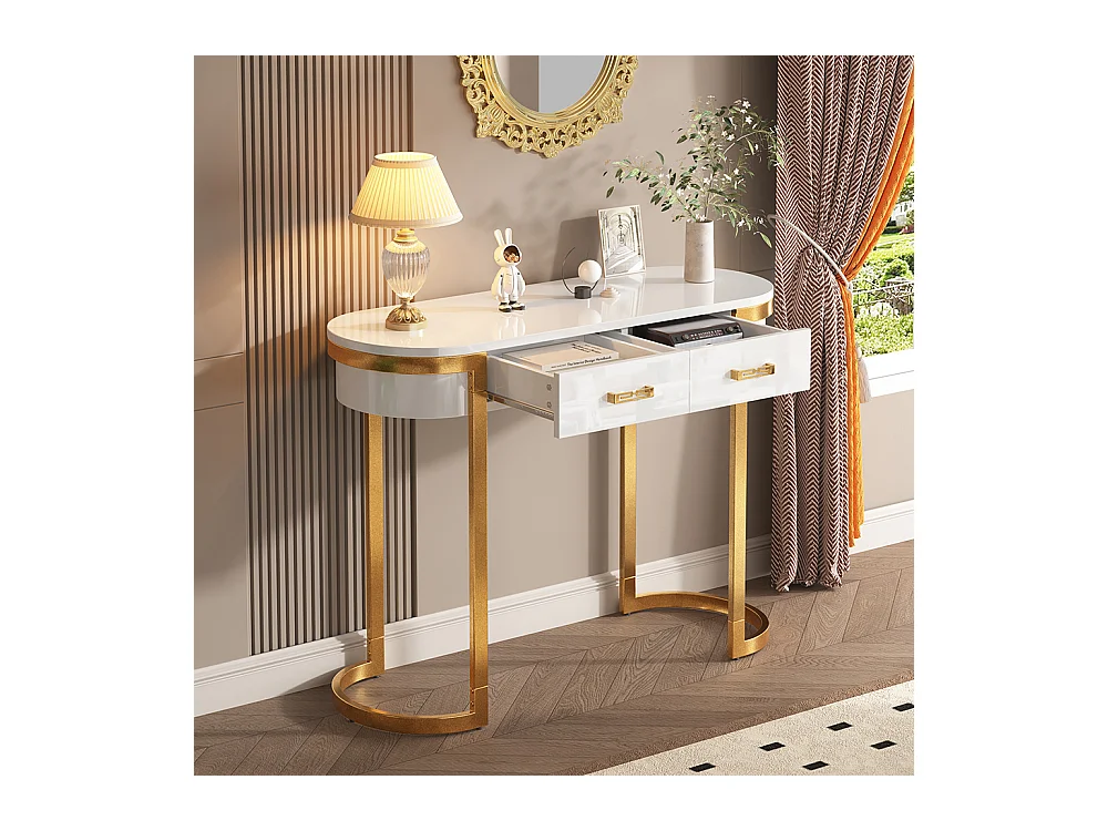 Table console bureau moderne simple blanc brillant 2 tiroirs polyvalente salon chambre bureau couloir blanc+or