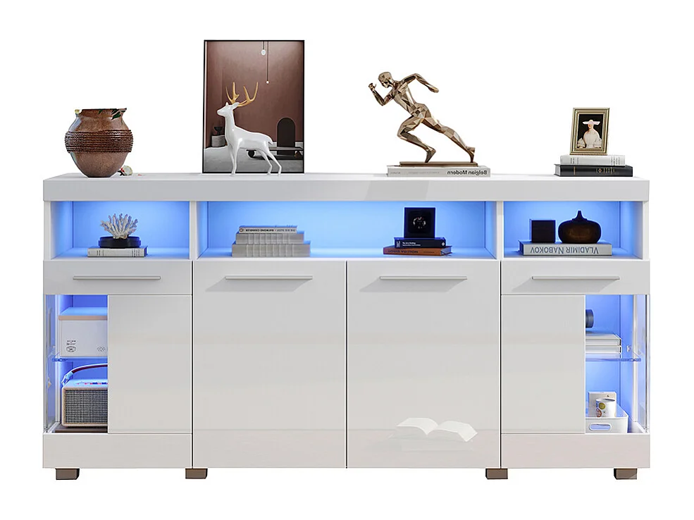 Buffet meuble appoint brillant salon éclairage LED verre trempé 3 compartiments blanc