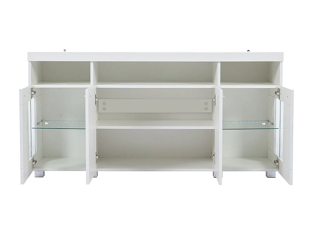 Buffet meuble appoint brillant salon éclairage LED verre trempé 3 compartiments blanc