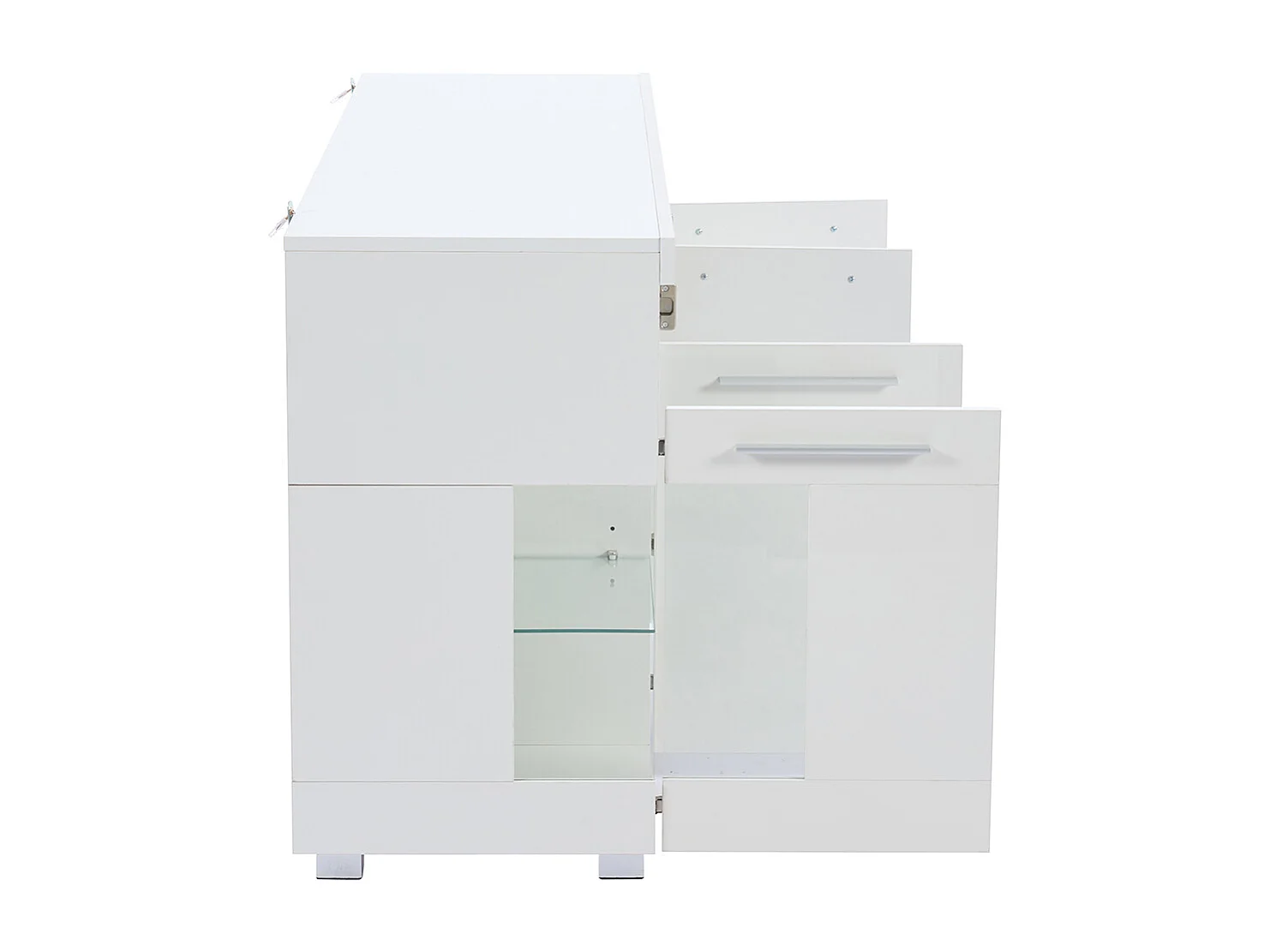 Buffet meuble appoint brillant salon éclairage LED verre trempé 3 compartiments blanc