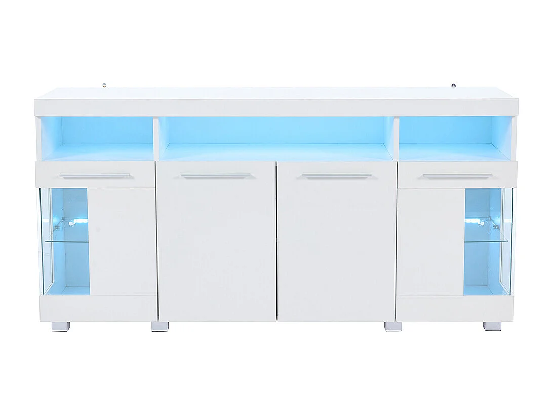 Buffet meuble appoint brillant salon éclairage LED verre trempé 3 compartiments blanc