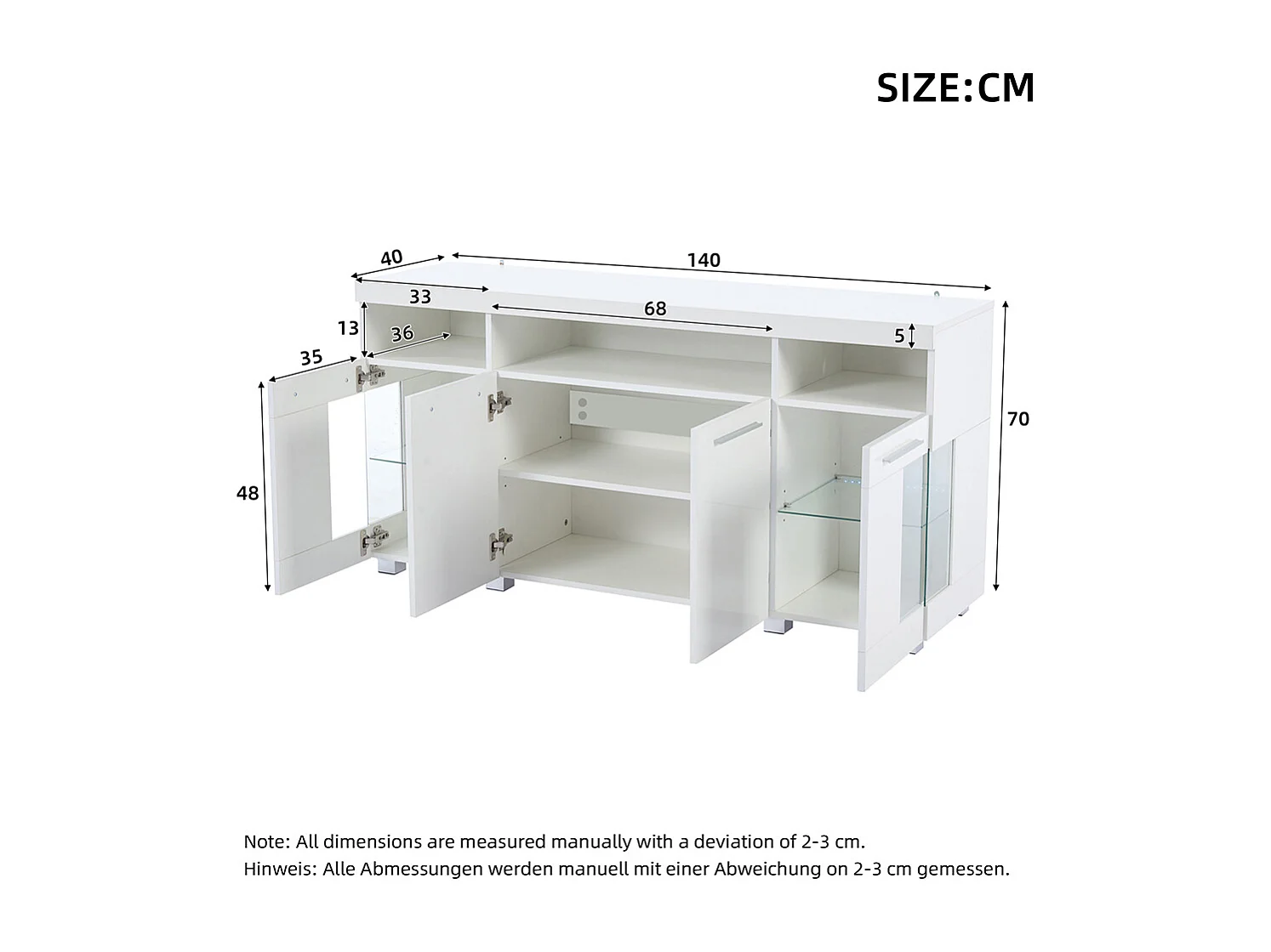 Buffet meuble appoint brillant salon éclairage LED verre trempé 3 compartiments blanc